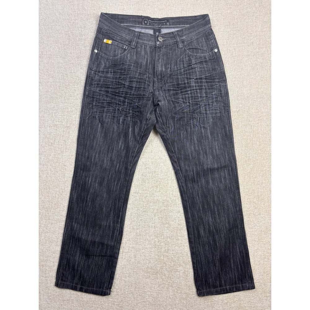 Southpole Mens Black Denim Jeans Straight Leg Whiskered Wash Size 30 Streetwear